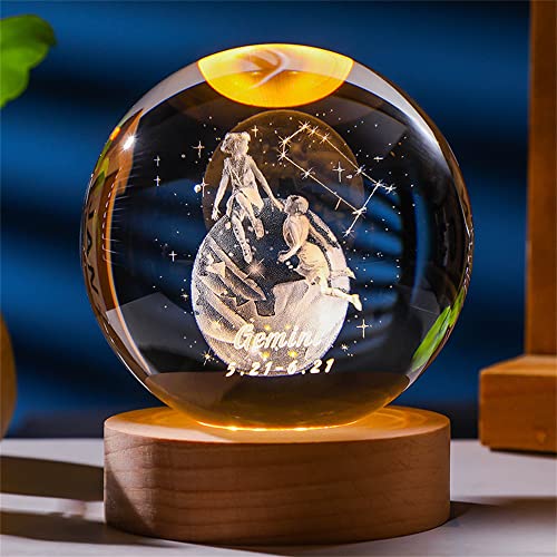 qianyue Laser Gravierte Sternzeichen Kristallkugel Miniatur 3D Kristall Handwerk Dekoration Glas Kugel Dekoration Zubehör Geschenk (80mm, Zwillinge) von qianyue