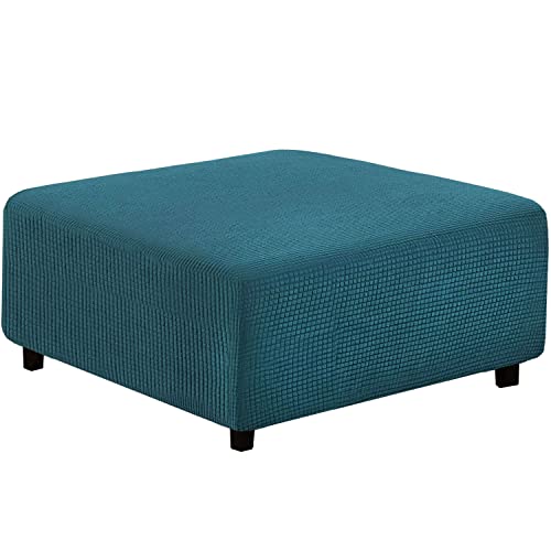 qiden Quadratischer Hockerbezug Stretch-Ottomanenbezug Plüsch, 10% Dicker großer Stretch-Hockerbezug Anti-Rutsch-Fußhocker Schonbezüge mit elastischer Unterseite-Tiefes Wasser blau-XL von qiden