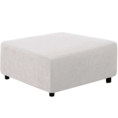 qiden Quadratischer Hockerbezug Stretch-Ottomanenbezug Plüsch, 10% Dicker großer Stretch-Hockerbezug Anti-Rutsch-Fußhocker Schonbezüge mit elastischer Unterseite-Zahn weiß-M von qiden