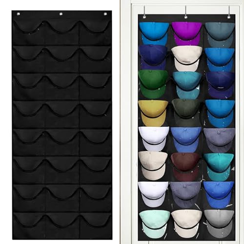 qimeyu Baseball Kappen Halterung,Kappenhalter Tür,Cap Organizer Tür,Cap Aufbewahrung,Doppelte Faltbar Kappenhalter Organizer mit 24 Taschen-Schwarz von qimeyu