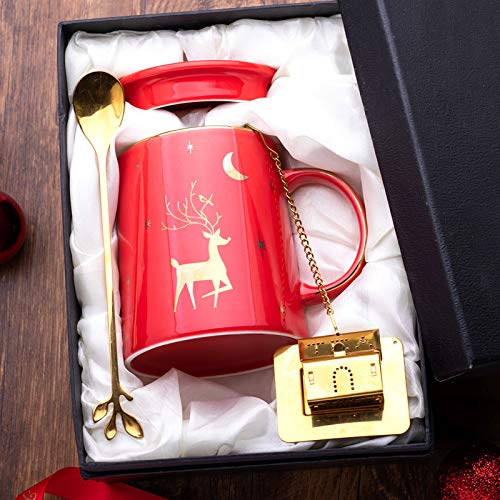 qingci Kreative Keramik Wasser Tasse Schöne Kaffeetasse Mit Deckel Löffel Haushaltsbecher 401-500ml Weihnachts Rentier - Rot 1 von qingci