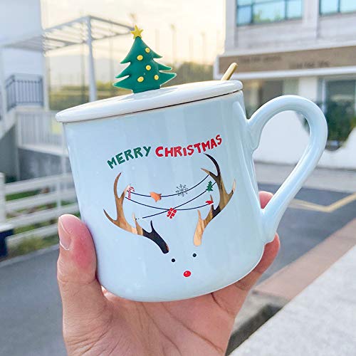 qingci Weihnachtskeramik-Tasse mit Löffel mit Deckel Weihnachtsbecher Tee Kaffeetasse 420ml Blaue Tasse von qingci
