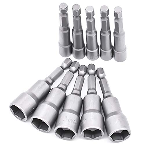 10er Set Magnete Sechskant Stecknuss, 6-19mm Steckschlüssel, Anschrauben Schraubenschlüssel für Bohrer (Chrom Vanadium Stahl) von qipuneky
