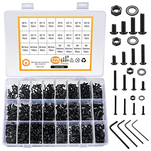 1225 STK M2 M3 M4 M5 Innensechskantschrauben Muttern und Unterlegscheiben Sortiment Kit, Schwarz Linsenkopf Gewindeschrauben und Muttern Unterlegscheiben Set (Schwarz 1225) von qiwuhai