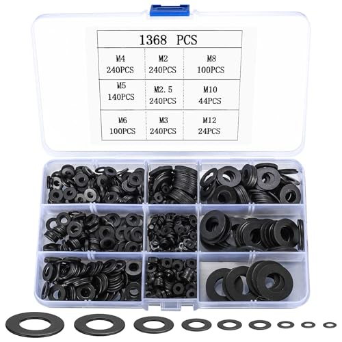 1368 Stück Unterlegscheiben Set, Beilagscheiben, Edelstahl Unterlegscheiben Türscharnier, Flache Unterlegscheiben Sicherungsscheiben Set, Metallscheiben M2 M2.5 M3 M4 M5 M6 M8 M10 M12 (1368 schwarz) von qiwuhai
