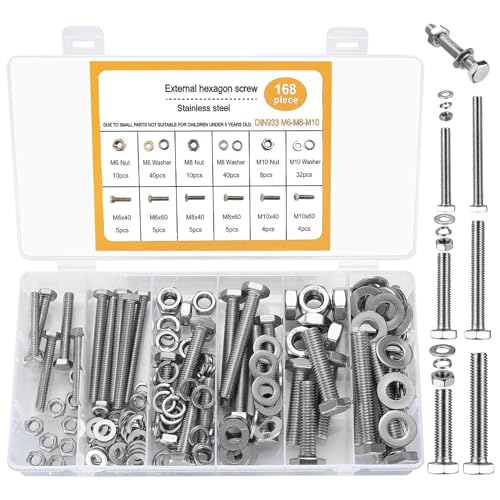 168 Stk Sechskantschrauben und Muttern und Unterlegscheiben, M6/M8/M10 Edelstahl Sechskant Schrauben und Muttern und Unterlegscheiben Set, Maschinenschrauben, Gewindeschrauben mit Vollgewinde(Silber) von qiwuhai