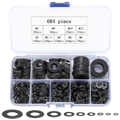 684 Stück Unterlegscheiben Set, Beilagscheiben, Edelstahl Unterlegscheiben Türscharnier, Flache Unterlegscheiben Sicherungsscheiben Set, Metallscheiben M2 M2.5 M3 M4 M5 M6 M8 M10 M12 (684 schwarz) von qiwuhai