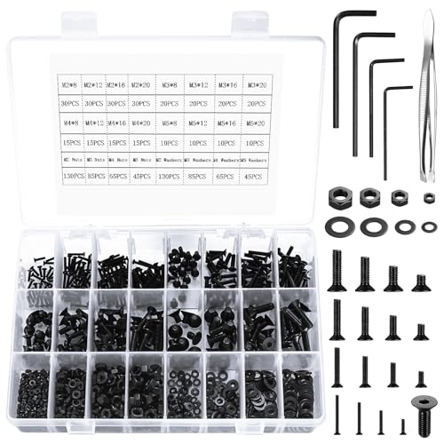 950 STK Flachkopfschrauben Muttern Unterlegscheiben Sortiment Kit, M2/M3/M4/M5 Innensechskantschrauben, Senkkopfschrauben mit Muttern Unterlegscheiben, Kohlenstoffstahl (Schwarz 950) von qiwuhai