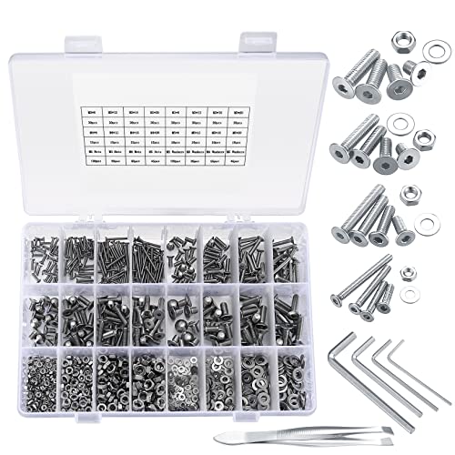 950 Stück Flachkopfschrauben und Muttern und Unterlegscheiben Sortiment Kit, M2/M3/M4/M5 Innensechskantschrauben, Senkkopfschrauben mit Innensechskant Muttern Unterlegscheiben (Silber 950) von qiwuhai
