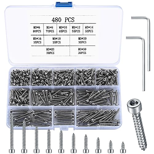 M3 Selbstschneidende Schrauben Set, 480 Stk Zylinderschrauben mit Innensechskant, Gewindeschrauben Sortiment Kit, Edelstahl Holzschrauben, Sechskantschrauben Maschinenschrauben (Silber) von qiwuhai