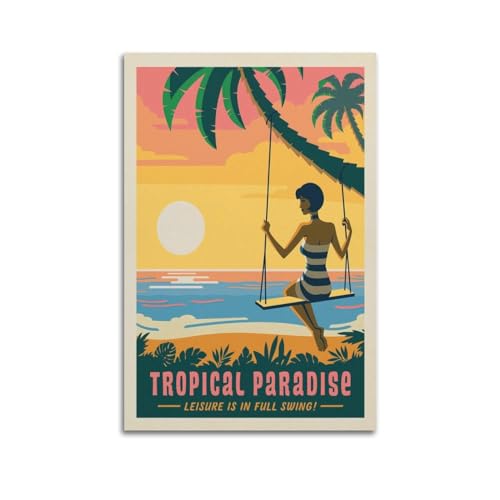 qiyan Vintage-Strand-Poster, tropisches Paradies, Palme, Schaukel, Poster, dekoratives Gemälde, Leinwand, Wandposter und Kunstdruck, moderne Familienschlafzimmer-Dekoration, Poster, 30 x 45 cm von qiyan