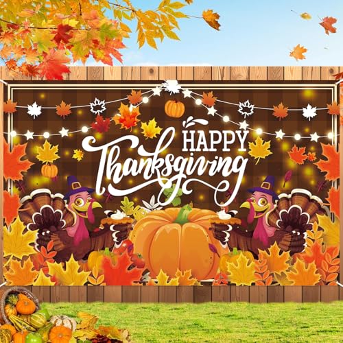 Großes Thanksgiving-Banner, 183 x 111 cm, Türkei-Kürbis, glücklicher Hintergrund für den Außenbereich, Hof, Innenbereich, Wanddekoration, Thanksgiving-Dekorationen, Partyzubehör mit Ahornblatt-Design Großes Thanksgiving-Banner, 183 x 111 cm, Türkei-Kürbis, glücklicher Hintergrund für den Außenbereich, Hof, Innenbereich, Wanddekoration, Thanksgiving-Dekorationen, Partyzubehör mit Ahornblatt-Design von qiyeyeye