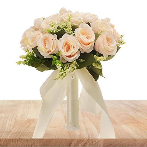 qiyifang Hochzeitsstrauß | Brautstrauß für Braut | Champagner/Weiß künstliche Rosen für Hochzeit, Kirche, Heimdekoration, Verlobung, Blumensträuße von qiyifang