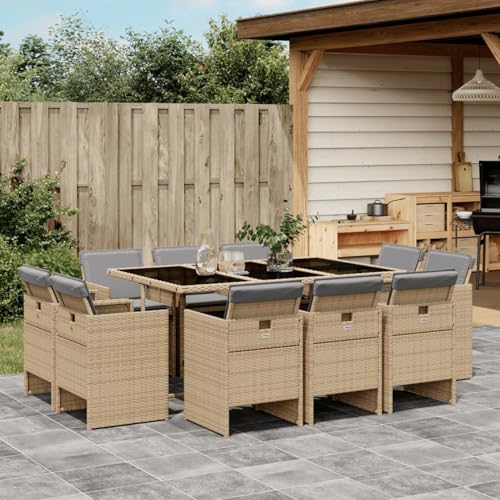 qohoio 11-TLG. Garten-Essgruppe mit Kissen Sitzgruppe Outdoor TerrassenmöBel Terrassen-Sitzgruppe Garten-Essgruppe Beigemischung Poly Rattan - 3210672 von qohoio