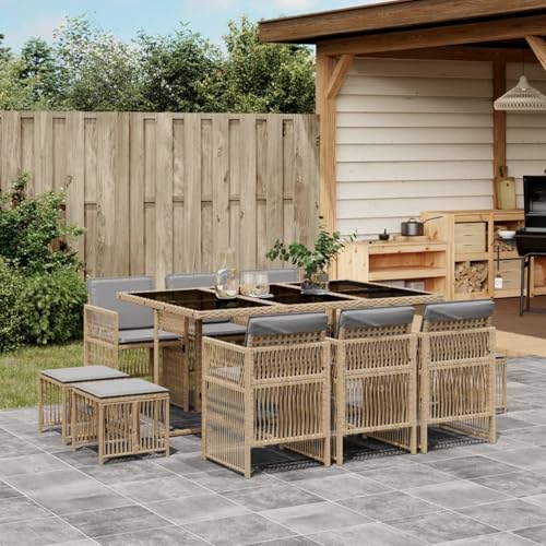 qohoio 11-TLG. Garten-Essgruppe mit Kissen Sitzgruppe Outdoor TerrassenmöBel Terrassen-Sitzgruppe Garten-Essgruppe Beigemischung Poly Rattan - 3210972 von qohoio