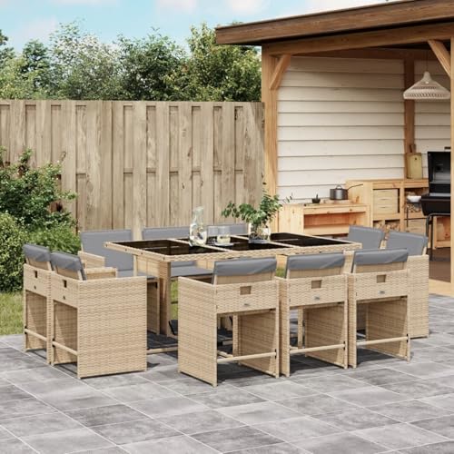 qohoio 11-TLG. Garten-Essgruppe mit Kissen Sitzgruppe Outdoor TerrassenmöBel Terrassen-Sitzgruppe Garten-Essgruppe Beigemischung Poly Rattan - 3211212 von qohoio
