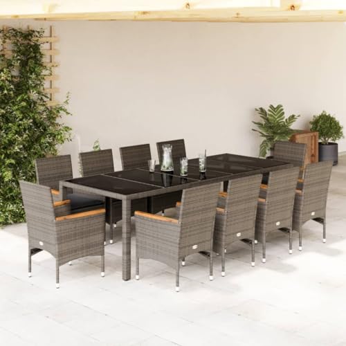 qohoio 11-TLG. Garten-Essgruppe mit Kissen Sitzgruppe Outdoor TerrassenmöBel Terrassen-Sitzgruppe Garten-Essgruppe Grau Poly Rattan Glas von qohoio
