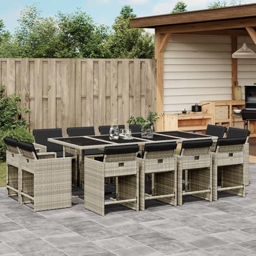 qohoio 13-TLG. Garten-Essgruppe mit Kissen GartenmöBel Set Gartenset Tisch Und StüHle Essgruppe Outdoor Hellgrau Poly Rattan - 3277990 von qohoio