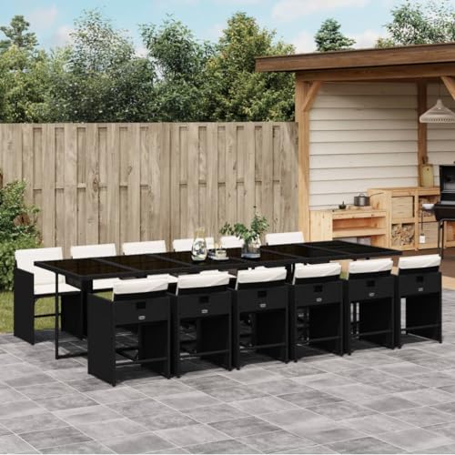 qohoio 13-TLG. Garten-Essgruppe mit Kissen GartenmöBel Set Gartenset Tisch Und StüHle Essgruppe Outdoor Schwarz Poly Rattan - 3277889 von qohoio