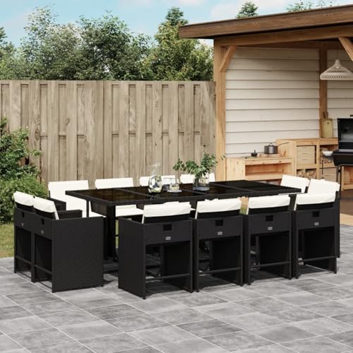 qohoio 13-TLG. Garten-Essgruppe mit Kissen GartenmöBel Set Gartenset Tisch Und StüHle Essgruppe Outdoor Schwarz Poly Rattan - 3277985 von qohoio