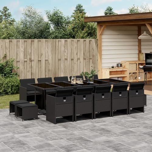 qohoio 15-TLG. Garten-Essgruppe mit Kissen Sitzgruppe Outdoor TerrassenmöBel Terrassen-Sitzgruppe Garten-Essgruppe Schwarz Poly Rattan - 3210631 von qohoio
