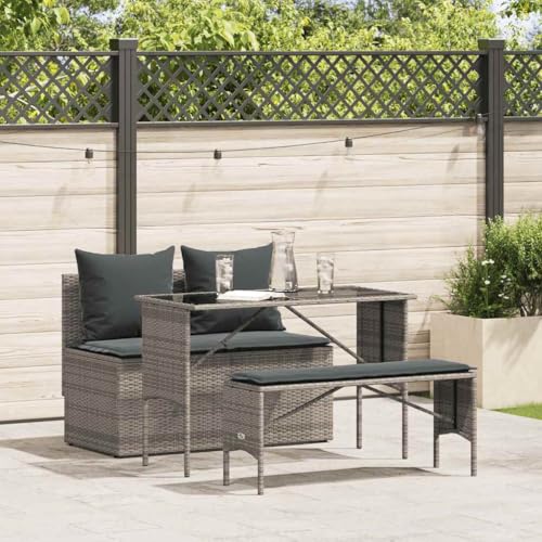 qohoio 3-TLG. Garten-Essgruppe mit Kissen GartenmöBel TerrassenmöBel Garten Sitzgruppe Essgruppe Garten MöBel Set Grau Poly Rattan - 4104183 von qohoio