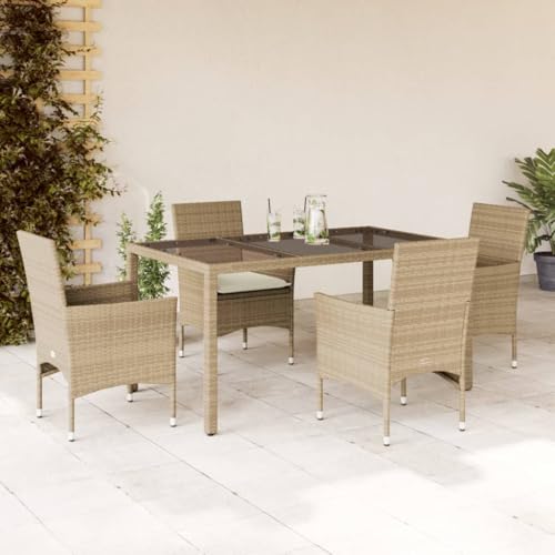 qohoio 5-TLG. Garten-Essgruppe mit Kissen GartenmöBel TerrassenmöBel Garten Sitzgruppe Essgruppe Garten MöBel Set Beige Poly Rattan und Glas - 3278569 von qohoio