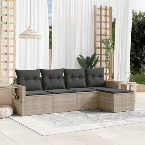 qohoio 5-TLG. Garten-Sofagarnitur mit Kissen Outdoor Gartenlounge TerrassenmöBel Garten LoungemöBel Set Lounge Sofa Hellgrau Poly Rattan - 3220091 von qohoio