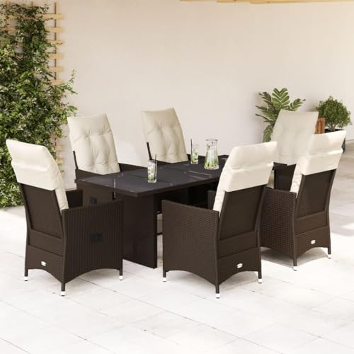 qohoio 7-TLG. Garten-Essgruppe mit Kissen GartenmöBel TerrassenmöBel Garten Sitzgruppe Essgruppe Garten MöBel Set Braun Poly Rattan - 3276776 von qohoio