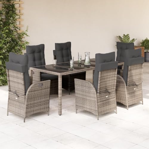 qohoio 7-TLG. Garten-Essgruppe mit Kissen GartenmöBel TerrassenmöBel Garten Sitzgruppe Essgruppe Garten MöBel Set Grau Poly Rattan - 3213082 von qohoio