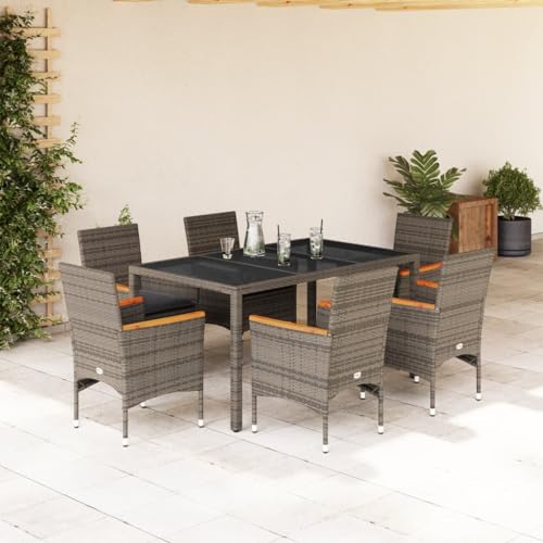 qohoio 7-TLG. Garten-Essgruppe mit Kissen GartenmöBel TerrassenmöBel Garten Sitzgruppe Essgruppe Garten MöBel Set Grau Poly Rattan und Glas - 3278654 von qohoio