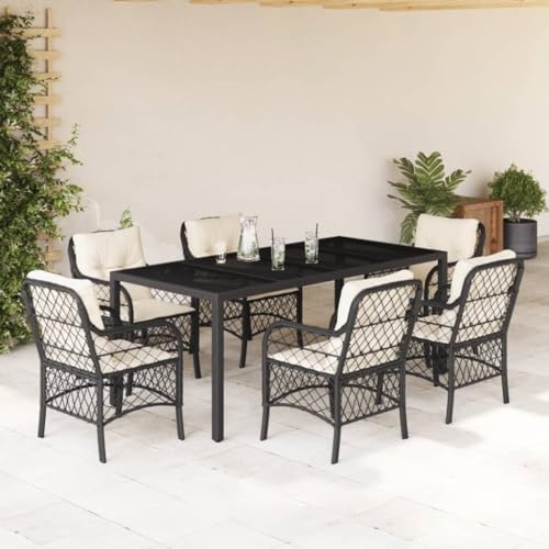 qohoio 7-TLG. Garten-Essgruppe mit Kissen GartenmöBel TerrassenmöBel Garten Sitzgruppe Essgruppe Garten MöBel Set Schwarz Poly Rattan - 3212022 von qohoio