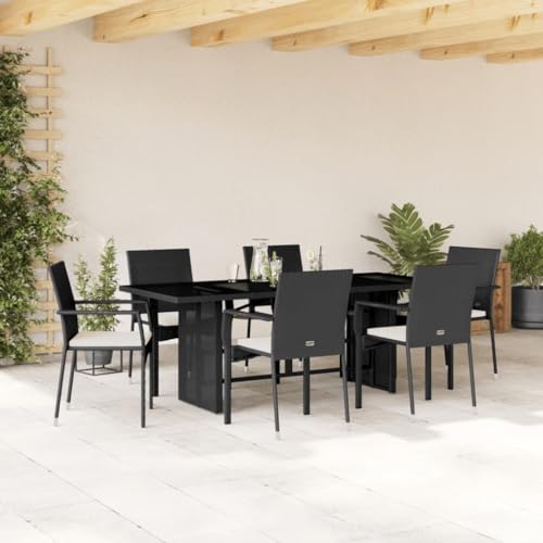 qohoio 7-TLG. Garten-Essgruppe mit Kissen GartenmöBel TerrassenmöBel Garten Sitzgruppe Essgruppe Garten MöBel Set Schwarz Poly Rattan - 3213494 von qohoio