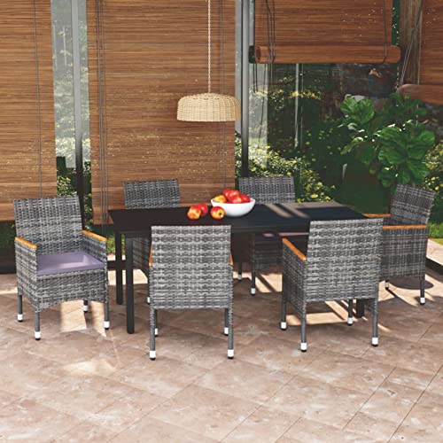 qohoio 7-TLG. Garten-Essgruppe mit Kissen Sitzgruppe Outdoor TerrassenmöBel Terrassen-Sitzgruppe Garten-Essgruppe Poly Rattan Grau - 3095007 von qohoio