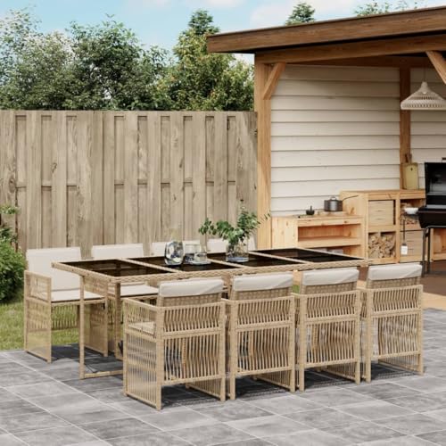 qohoio 9-TLG. Garten-Essgruppe mit Kissen GartenmöBel TerrassenmöBel Garten Sitzgruppe Essgruppe Garten MöBel Set Beige Poly Rattan - 3210922 von qohoio