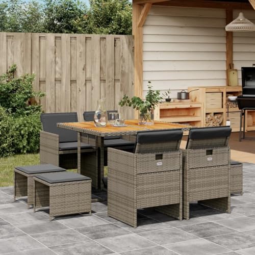 qohoio 9-TLG. Garten-Essgruppe mit Kissen GartenmöBel TerrassenmöBel Garten Sitzgruppe Essgruppe Garten MöBel Set Grau Poly Rattan - 3210602 von qohoio