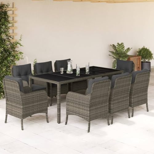 qohoio 9-TLG. Garten-Essgruppe mit Kissen GartenmöBel TerrassenmöBel Garten Sitzgruppe Essgruppe Garten MöBel Set Grau Poly Rattan - 3211859 von qohoio