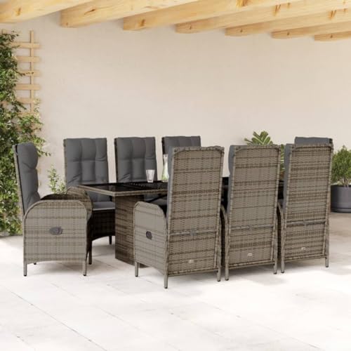 qohoio 9-TLG. Garten-Essgruppe mit Kissen GartenmöBel TerrassenmöBel Garten Sitzgruppe Essgruppe Garten MöBel Set Grau Poly Rattan - 3213528 von qohoio