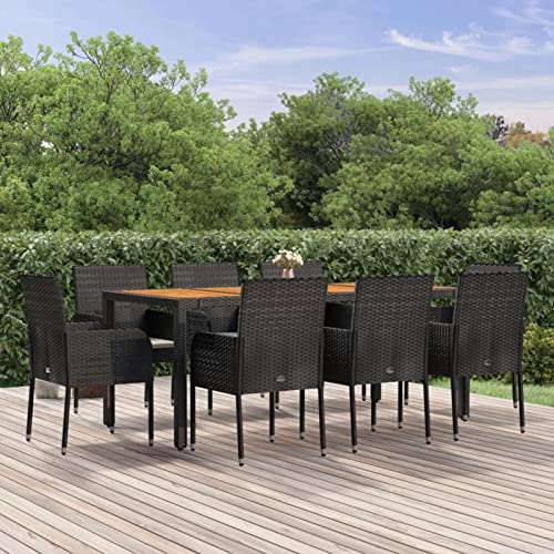 qohoio 9-TLG. Garten-Essgruppe mit Kissen GartenmöBel TerrassenmöBel Garten Sitzgruppe Essgruppe Garten MöBel Set Schwarz Poly Rattan - 3185016 von qohoio