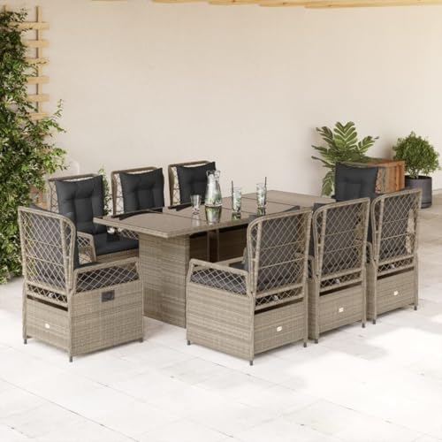 qohoio 9-TLG. Garten-Essgruppe mit Kissen Sitzgruppe Outdoor TerrassenmöBel Terrassen-Sitzgruppe Garten-Essgruppe Hellgrau Poly Rattan - 3262941 von qohoio