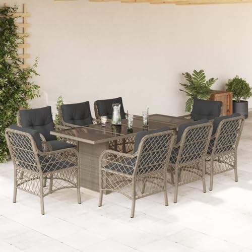 qohoio 9-TLG. Garten-Essgruppe mit Kissen Sitzgruppe Outdoor TerrassenmöBel Terrassen-Sitzgruppe Garten-Essgruppe Hellgrau Poly Rattan von qohoio