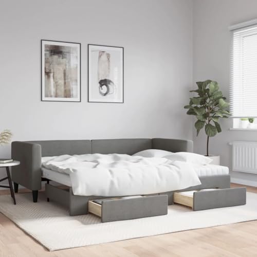 qohoio Tagesbett Ausziehbar mit Schubladen Bett Mit Stauraum Tagesbett Bett Mit Schubladen Schubladenbett Dunkelgrau 80x200 cm Stoff von qohoio