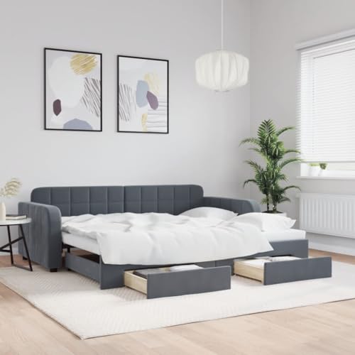 qohoio Tagesbett Ausziehbar mit Schubladen Bett Mit Stauraum Tagesbett Bett Mit Schubladen Schubladenbett Dunkelgrau 90x190 cm Samt - 3196991 von qohoio
