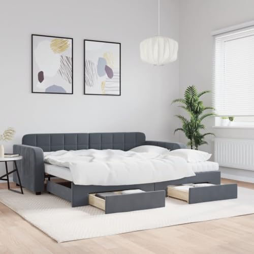 qohoio Tagesbett Ausziehbar mit Schubladen Bett Mit Stauraum Tagesbett Bett Mit Schubladen Schubladenbett Dunkelgrau 90x190 cm Samt - 3197015 von qohoio
