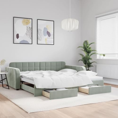 qohoio Tagesbett Ausziehbar mit Schubladen Bett Mit Stauraum Tagesbett Bett Mit Schubladen Schubladenbett Hellgrau 100x200 cm Samt - 3196984 von qohoio