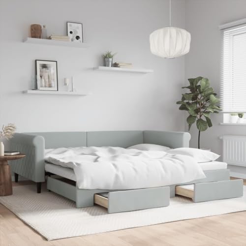 qohoio Tagesbett Ausziehbar mit Schubladen Bett Mit Stauraum Tagesbett Bett Mit Schubladen Schubladenbett Hellgrau 100x200 cm Samt von qohoio