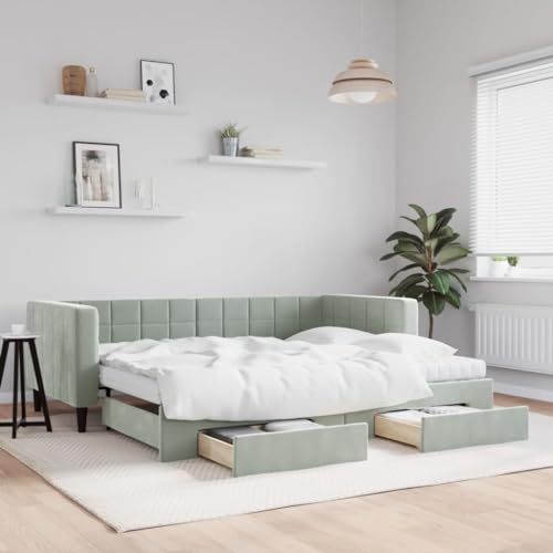 qohoio Tagesbett Ausziehbar mit Schubladen Bett Mit Stauraum Tagesbett Bett Mit Schubladen Schubladenbett Hellgrau 90x190 cm Samt - 3196776 von qohoio