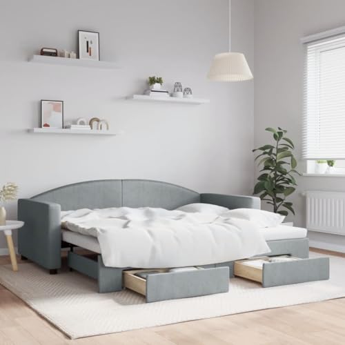 qohoio Tagesbett Ausziehbar mit Schubladen Bett Mit Stauraum Tagesbett Bett Mit Schubladen Schubladenbett Hellgrau 90x190 cm Stoff - 3197234 von qohoio