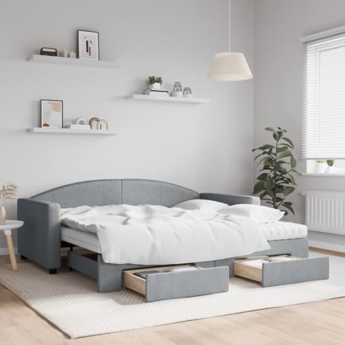 qohoio Tagesbett Ausziehbar mit Schubladen Bett Mit Stauraum Tagesbett Bett Mit Schubladen Schubladenbett Hellgrau 90x190 cm Stoff - 3197252 von qohoio