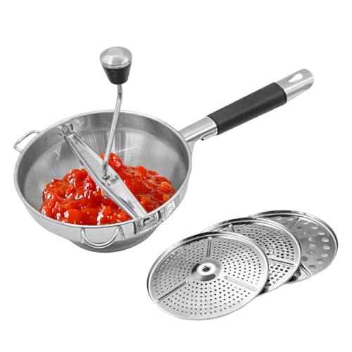 Kartoffelstampfer, Passiermühle Für Suppe Marmelade Brei Saucen | Lebensmittelechter Edelstahl Zerkleinerer Mit 3 Wechselbaren Mahlplatten Für Bananen Karotten Avocado Käse Fruchtpüree Smoothies von qokeeu